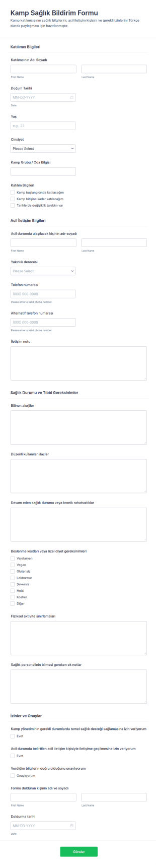 Kampçı Sağlık Yönetimi Anketi Form Şablonu