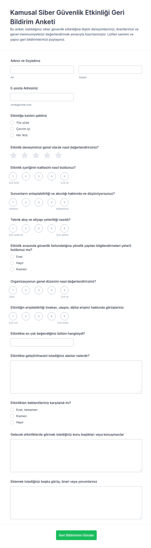 Kamu Siber Güvenlik Etkinliği Geri Bildirim Anketi Form Şablonu
