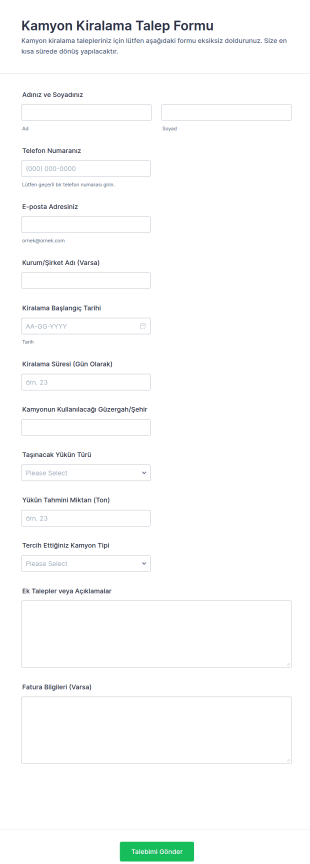 Kamyon Kiralama Talep Form Şablonu