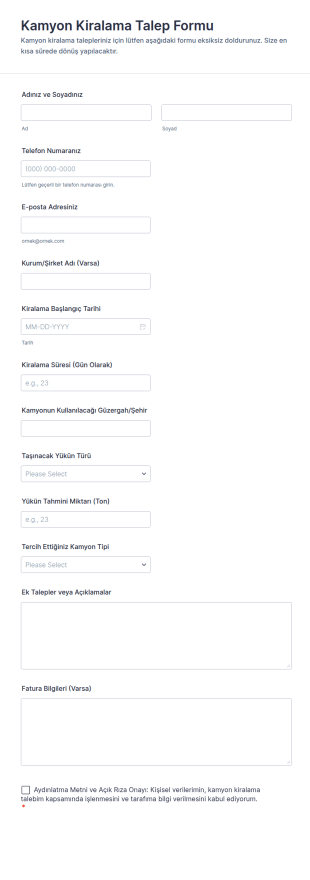 Kamyon Kiralama Talep Form Şablonu
