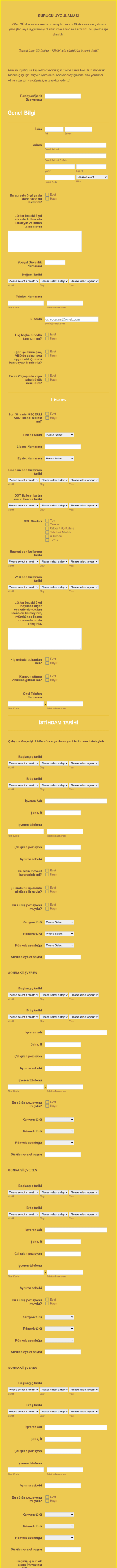 Kamyon Şöförü Başvuru Form Template