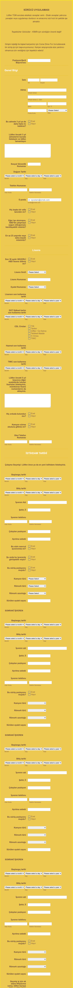 Kamyon Şöförü Başvuru Form Şablonu