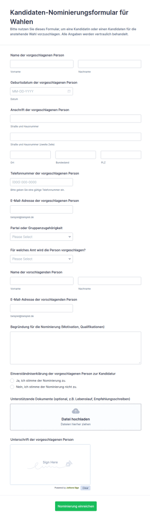 Kandidaten Nominierungsformular Für Wahlen