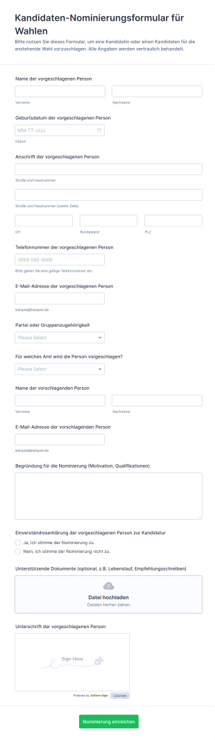 Kandidaten Nominierungsformular Für Wahlen