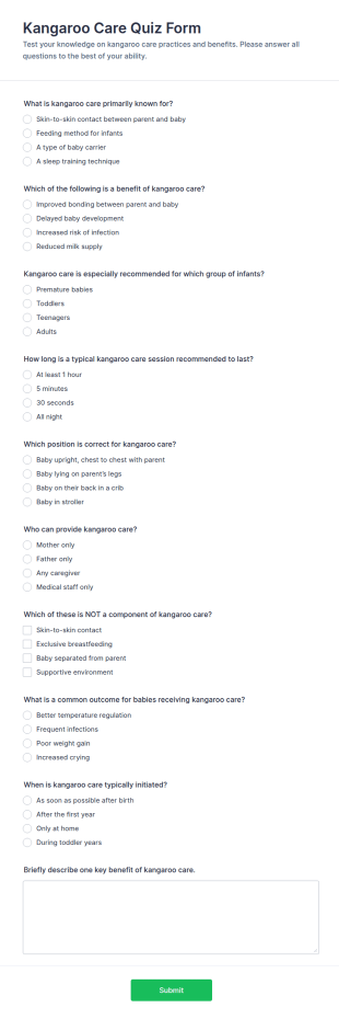 Kangaroo Care Quiz Form Template