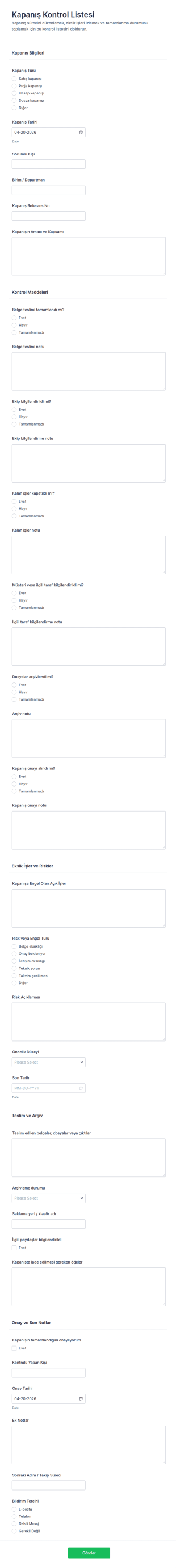 Kapanış Kontrol Listesi Formu 🎯📝 Form Şablonu