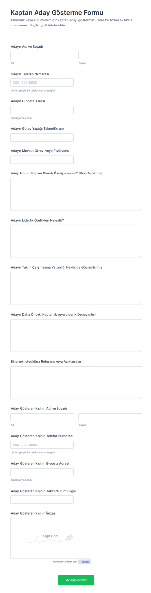Kaptan Aday Gösterme Form Şablonu