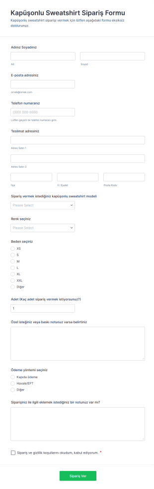 Kapüşonlu Sweatshirt Sipariş Form Şablonu