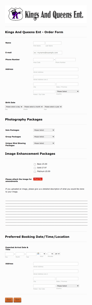 Kings And Queens Photography Order Form Template