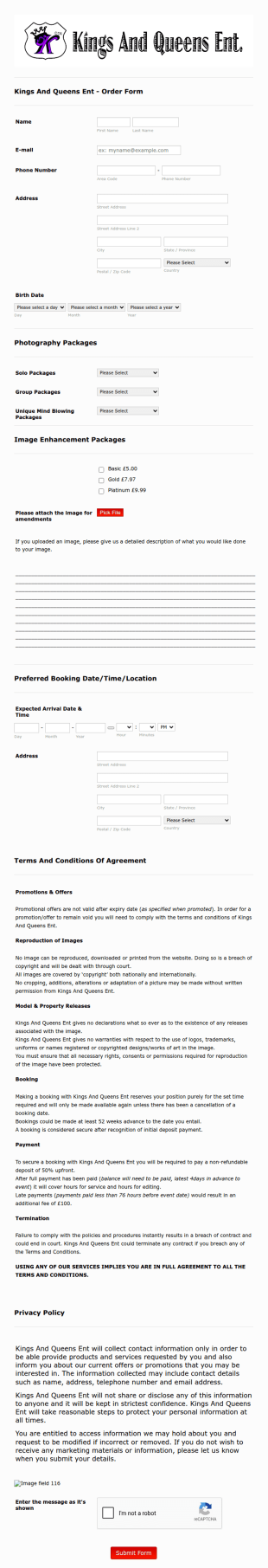 Kings And Queens Photography Order Form Template