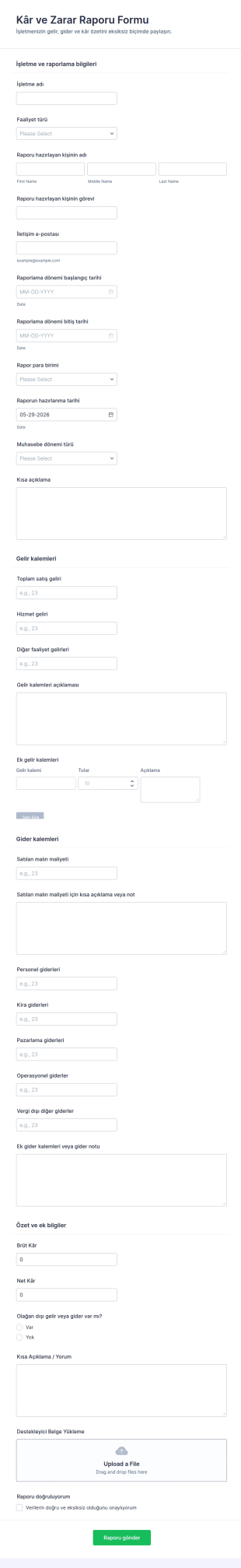 Kar Profit Ve Zarar Raporu Form Şablonu