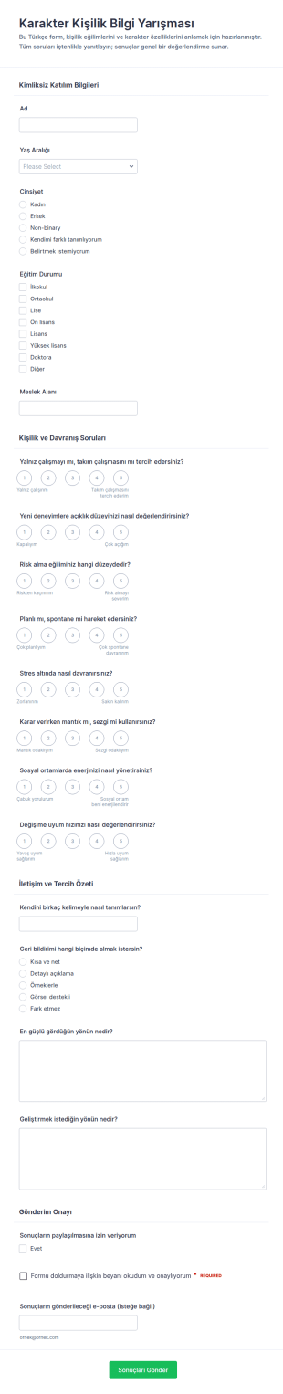 Karakter Kişiliğini Keşfetme Anketi Form Şablonu