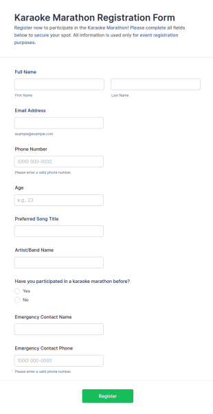 Karaoke Marathon Registration Form Template