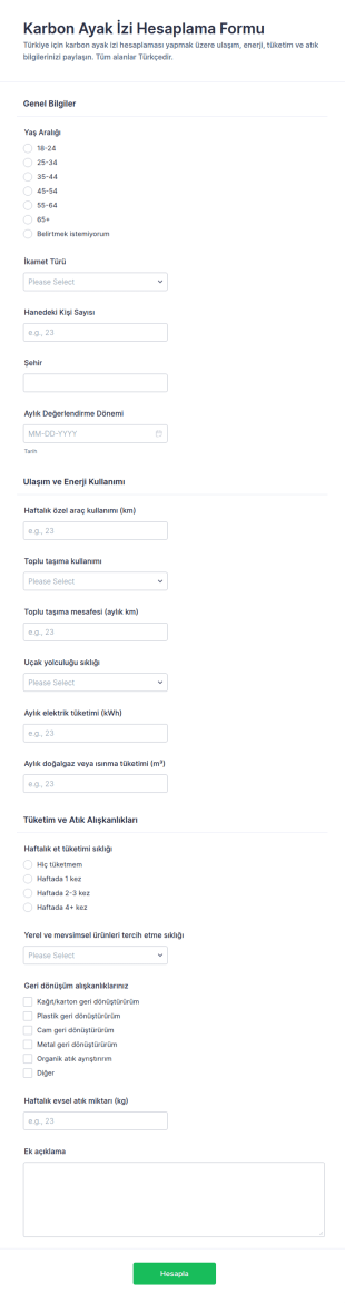 Karbon Ayak İzi Hesaplama Form Şablonu