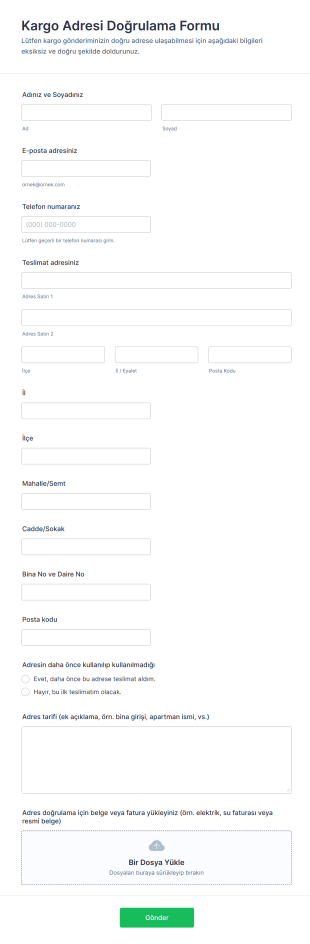 Kargo Adresi Doğrulama Form Şablonu