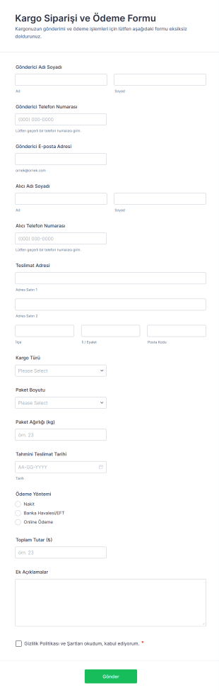 Kargo Siparişi Ve Ödeme Form Şablonu