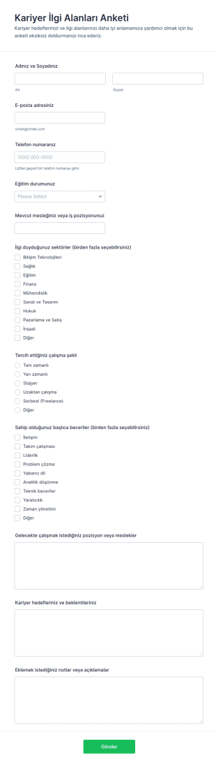 Kariyer İlgi Alanları Anketi Form Şablonu