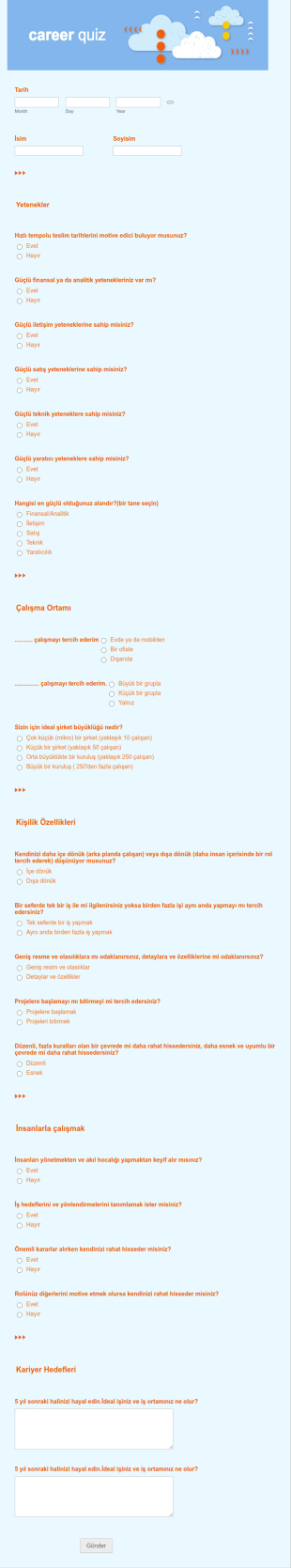 Kariyer Quizi Form Şablonu