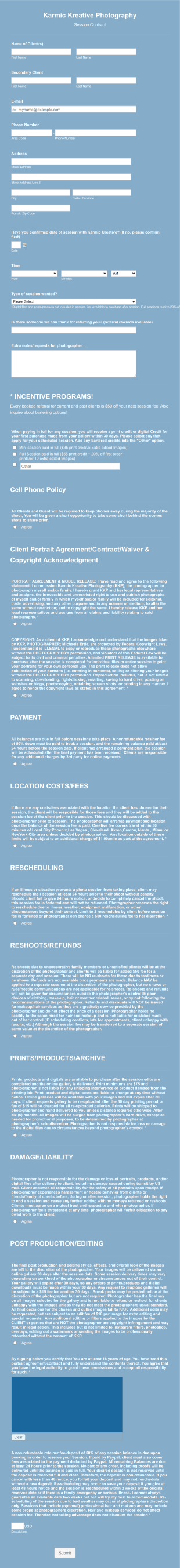 Karmic Kreative Photography Session Contract Form Template