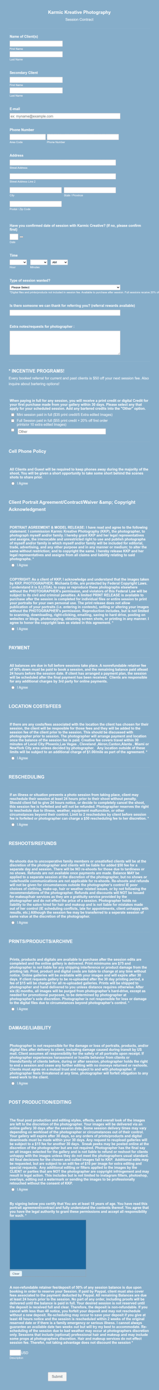 Karmic Kreative Photography Session Contract Form Template