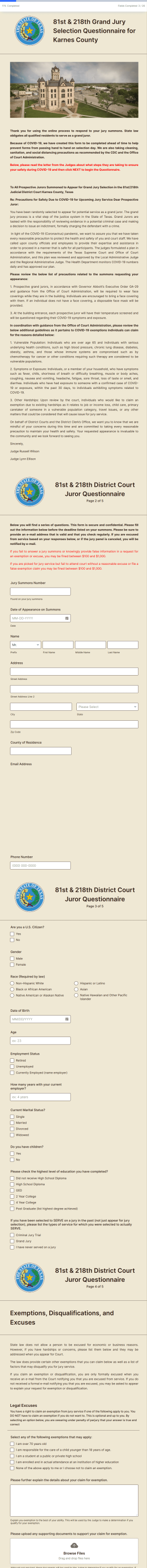 Karnes County Grand Jury District Court Juror Questionnaire Form Template