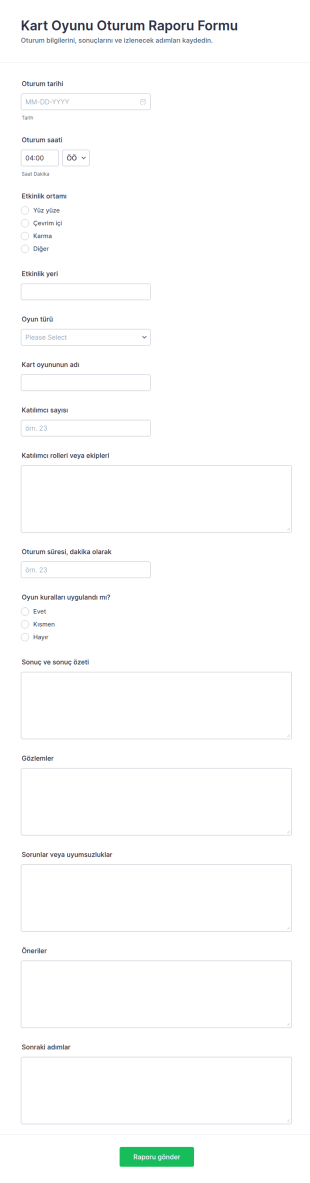Kart Oyunu Oturum Raporu Form Şablonu