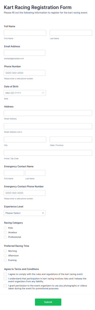 Kart Racing Registration Form Template