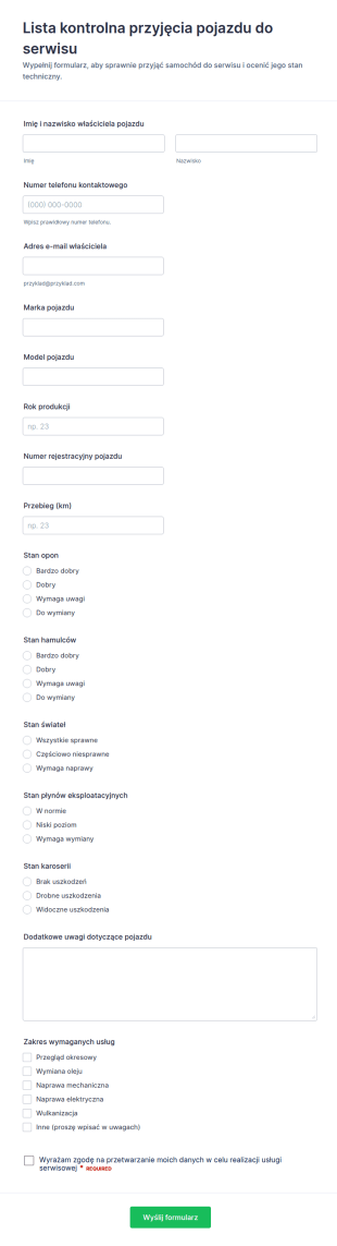 Karta Przyjęcia Do Serwisu Pojazdu Checklist