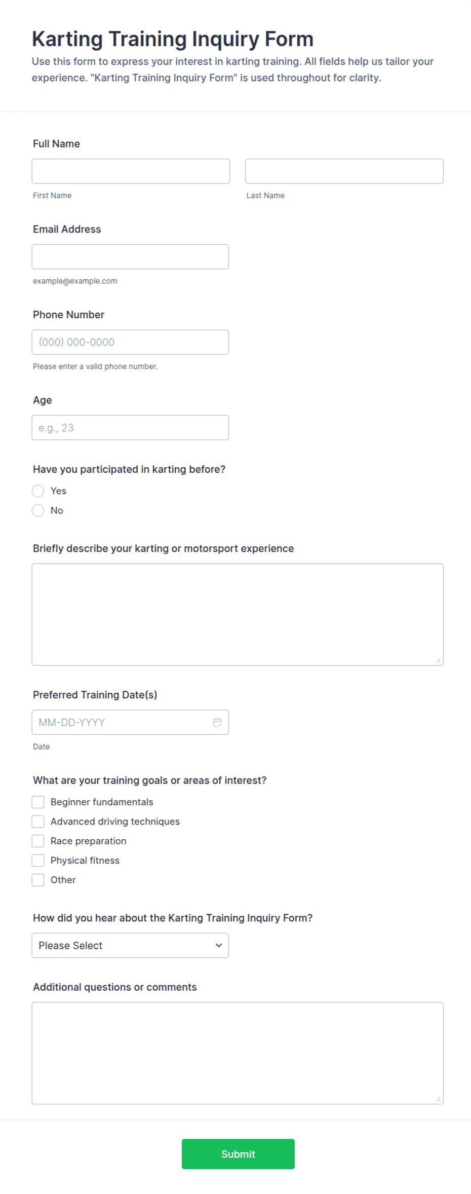 Karting Training Inquiry Form Template | Jotform