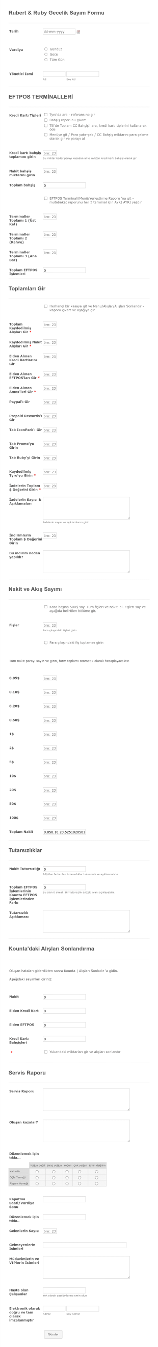 Kasa Sayım Form Template