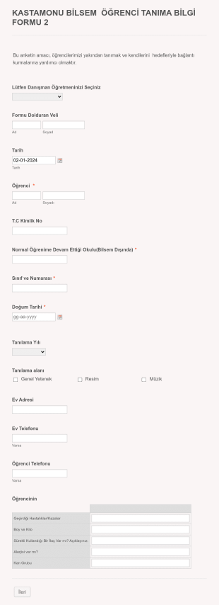 Kastamonu Bilsem Öğrenci Tanıma Bilgi Form Şablonu