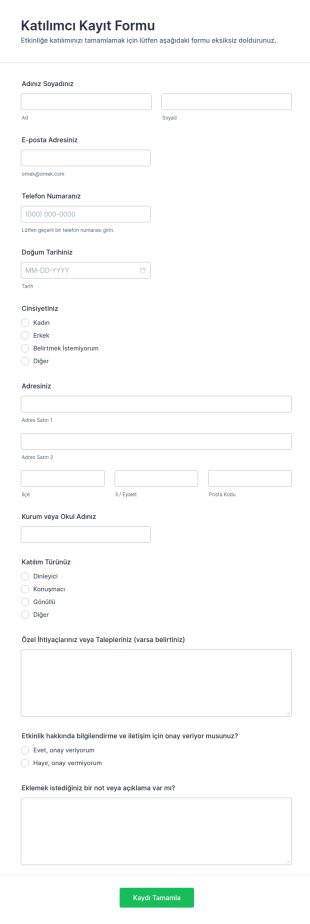 Katılımcı Kayıt Form Şablonu