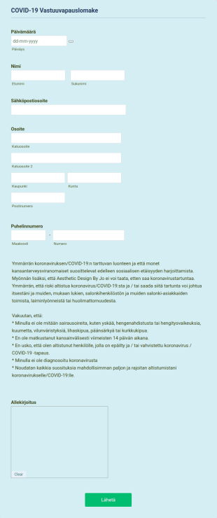 Kauneushoitolan COVID 19 Vastuuvapauslomake