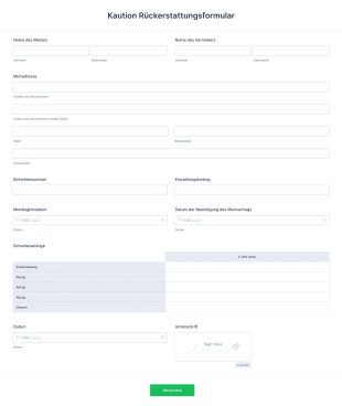 Kaution Rückerstattungsformular Form Template