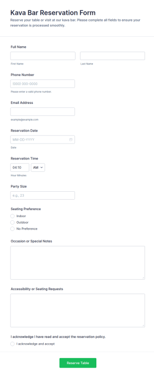 Kava Bar Reservation Form Template