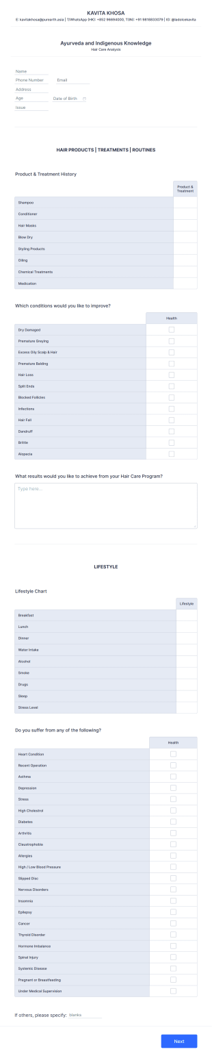 Kavita Khosa Hair Care Analysis Form Template