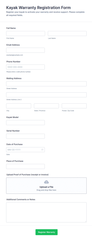 Kayak Warranty Registration Form Template