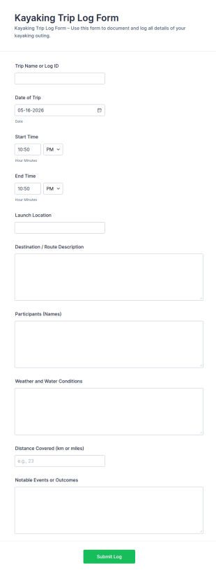 Kayaking Trip Log Form Template