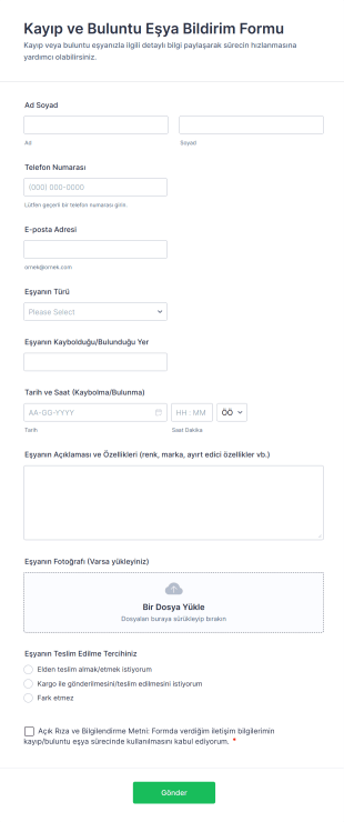 Kayıp Ve Buluntu Eşya Bildirim Form Template