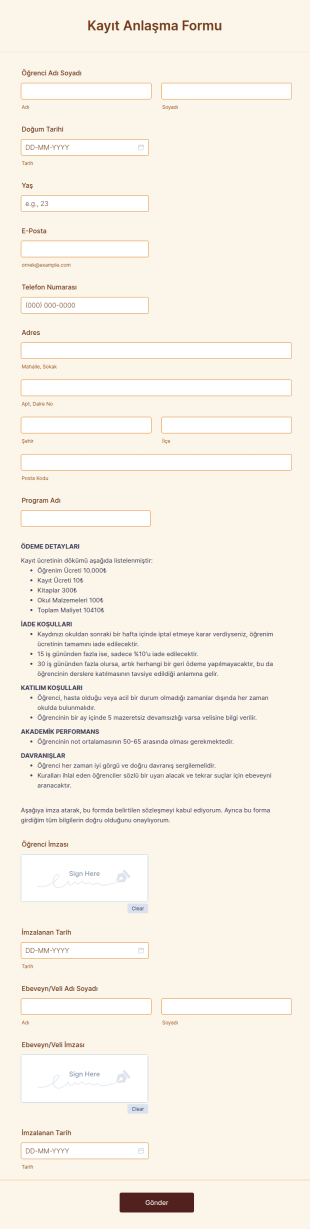Kayıt Anlaşma Form Şablonu