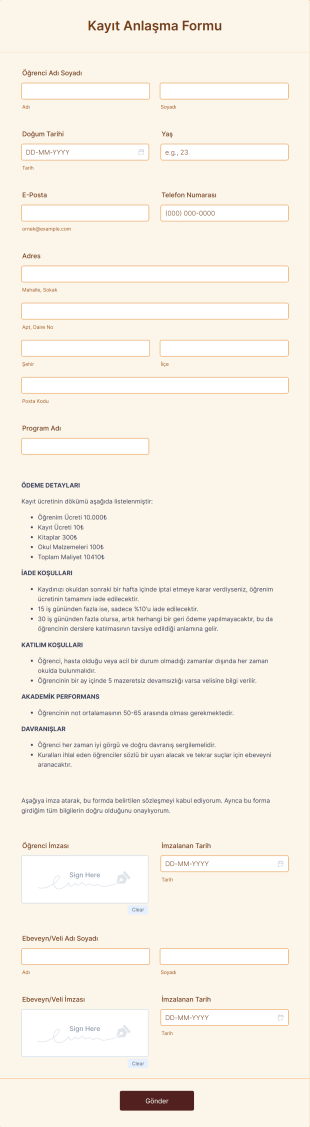 Kayıt Anlaşma Form Template