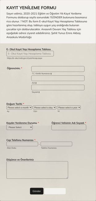 Kayıt Yenileme Form Template