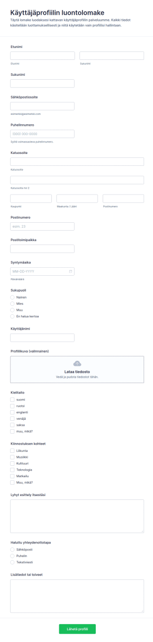 Käyttäjäprofiilin Luontilomake