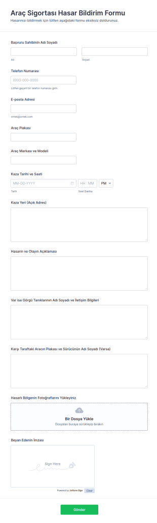 Kaza Sigorta Talep Formu 🚗 Form Şablonu