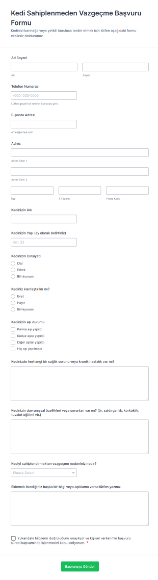Kedi Sahiplenmeden Vazgeçme Başvuru Form Şablonu