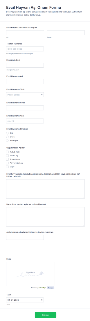 Kedi Ve Köpek Aşı Onay Formu 🐾 Form Şablonu