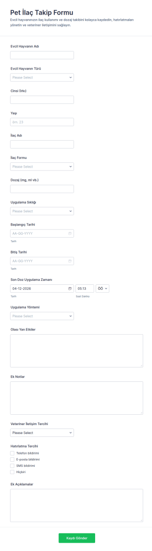 Kedi Ve Köpek İlaç Takip Formu 🐾 Form Şablonu