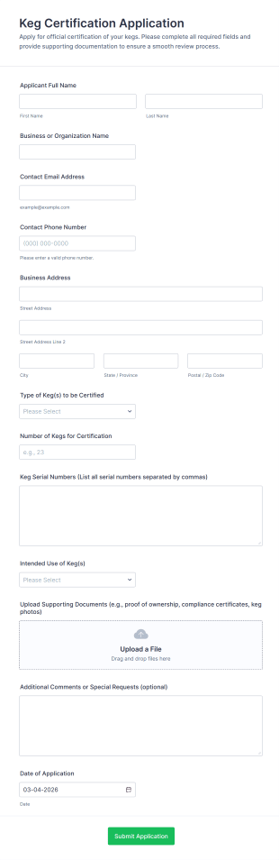 Keg Certification Application Form Template