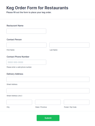 Keg Order Form For Restaurants