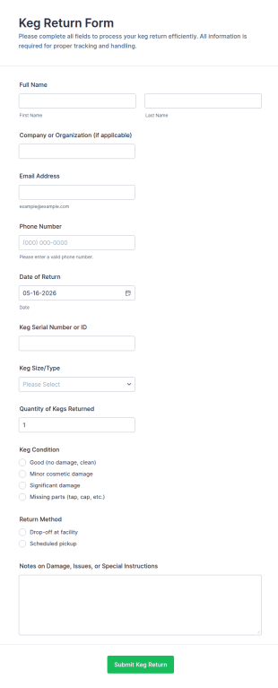 Keg Return Form Template